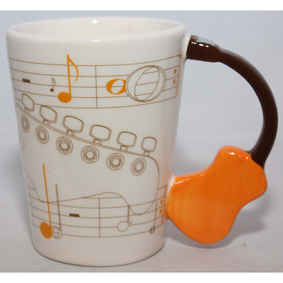 Acoustic Guitar Mug with Shaped Handle and Sheet Music Design